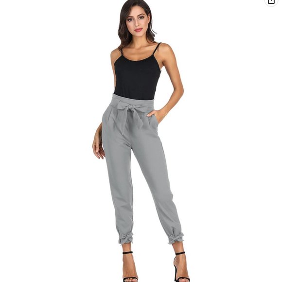 NWT LIUMILAC Women Casual High Waist Dressy Cropped Pants with Pockets Bow-Knot - Picture 2 of 6